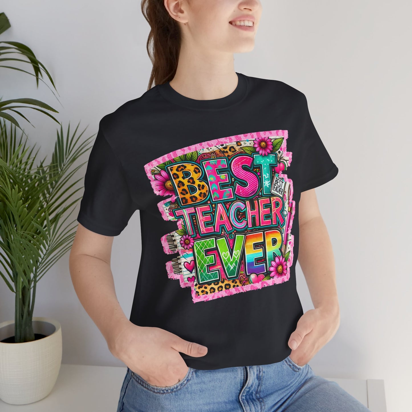 Funky Best Teacher Ever Tshirt, Unisex, Bella Canvas, Back to school, apple, animal print, neons