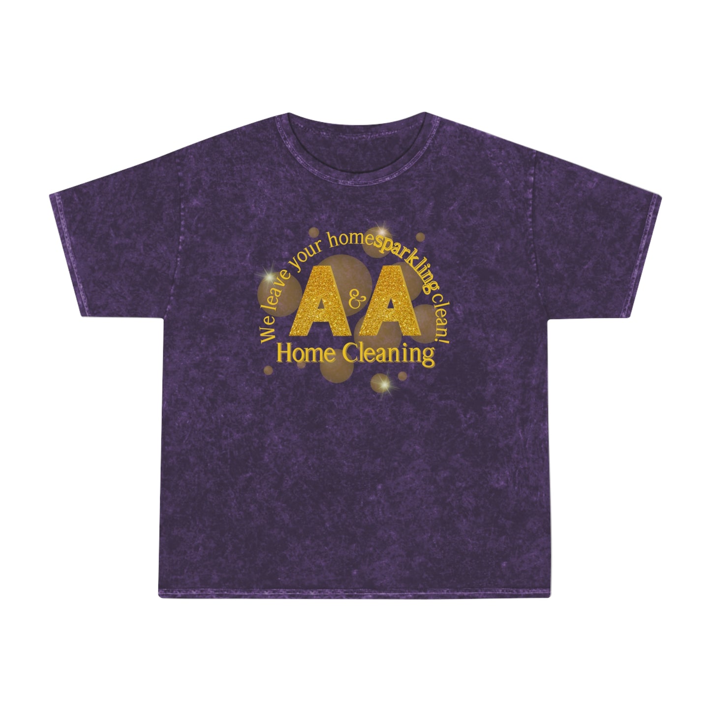 A&A Yellow Logo on a distressed mineral purple crew neck, colortone
