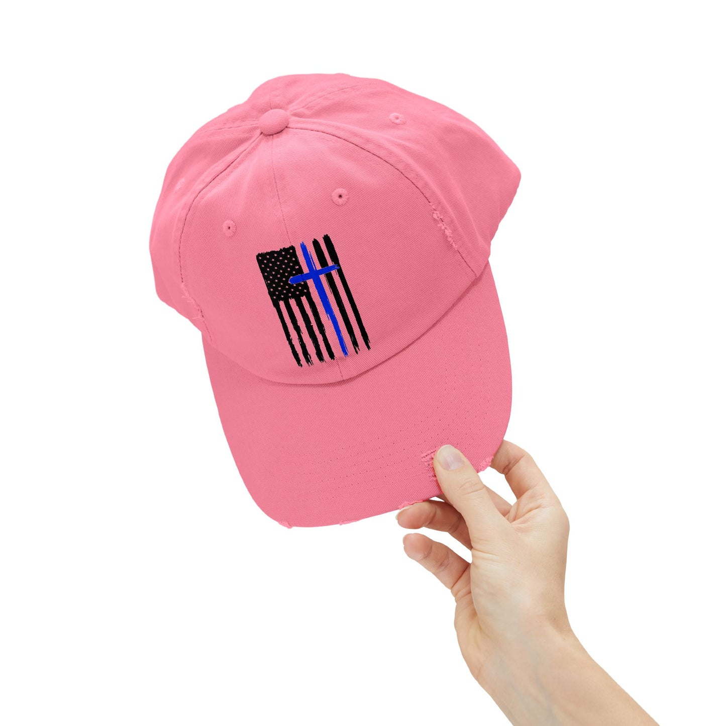 Thin Blue Line, Cross, Flag, Unisex Distressed Cap, Funny Hat, Casual Gift, Everyday Wear, Cool Accessory, Adjustable Cap