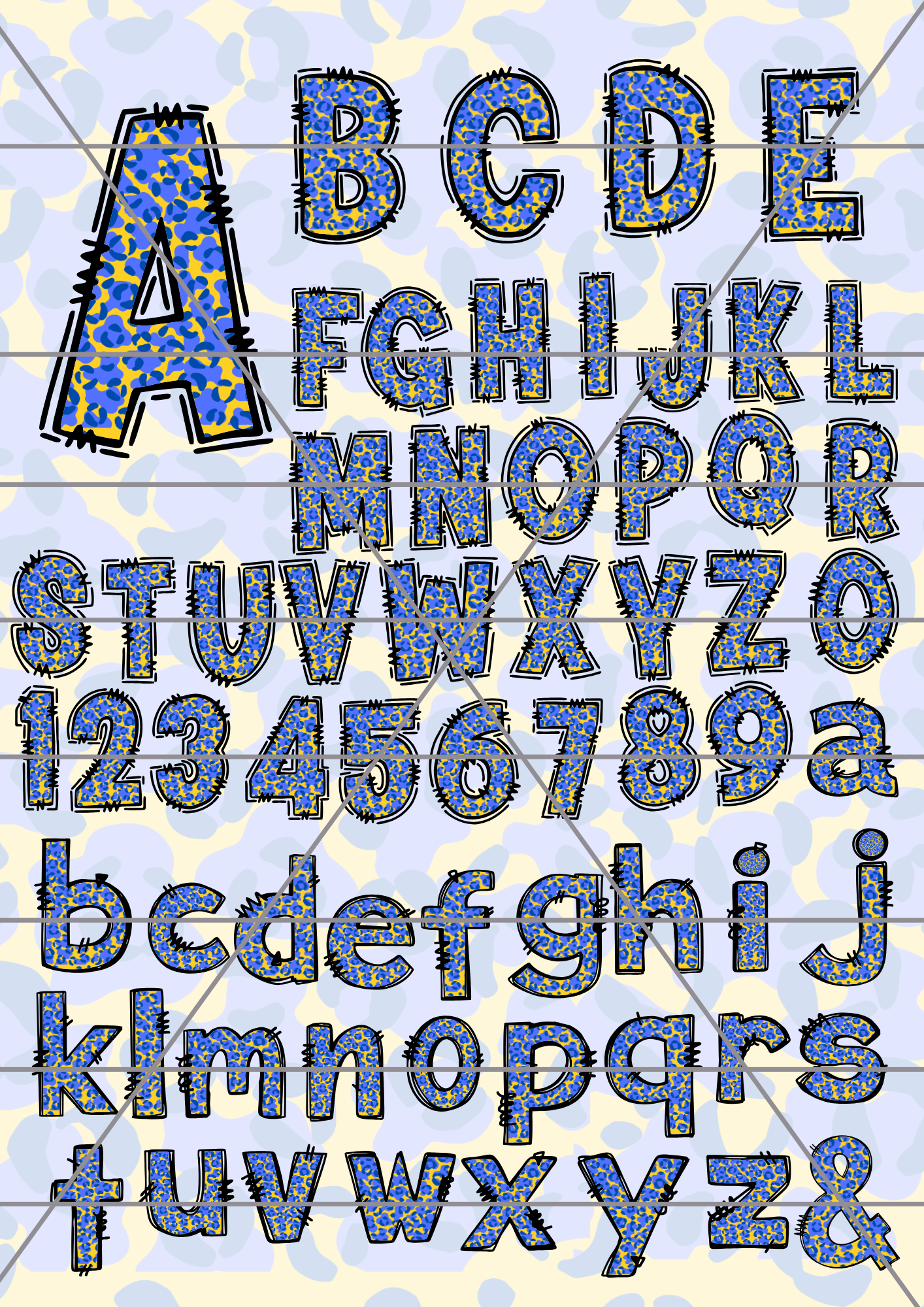 Blue and Yellow leopard print alphabet, upper and lowercase, 0-9