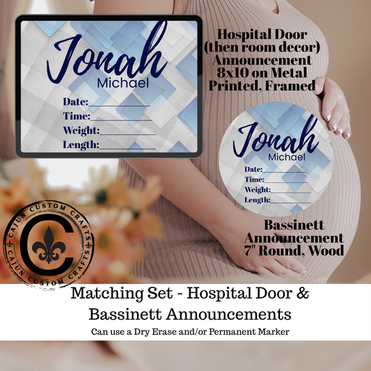 Baby Boy, Navy and Gray, Birth Announcement, door hanger, table frame, bassinet display