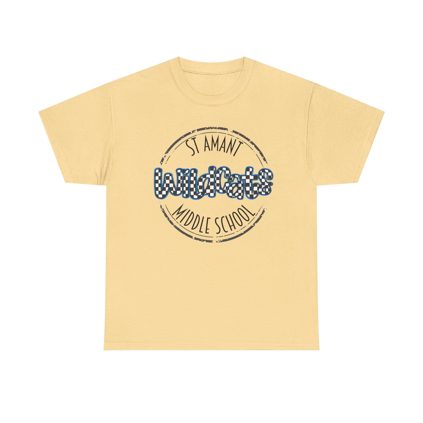 SAMS Wildcats with a black checkered style, Whimsical on a Unisex Tshirt, St Amant Middle School