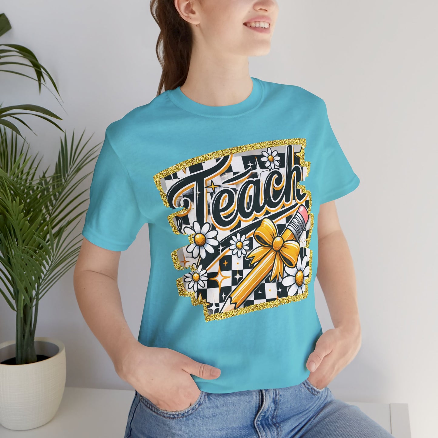 Funky Teacher Tshirt, Unisex, Bella Canvas, Back to school, apple, Black and White Checkboard