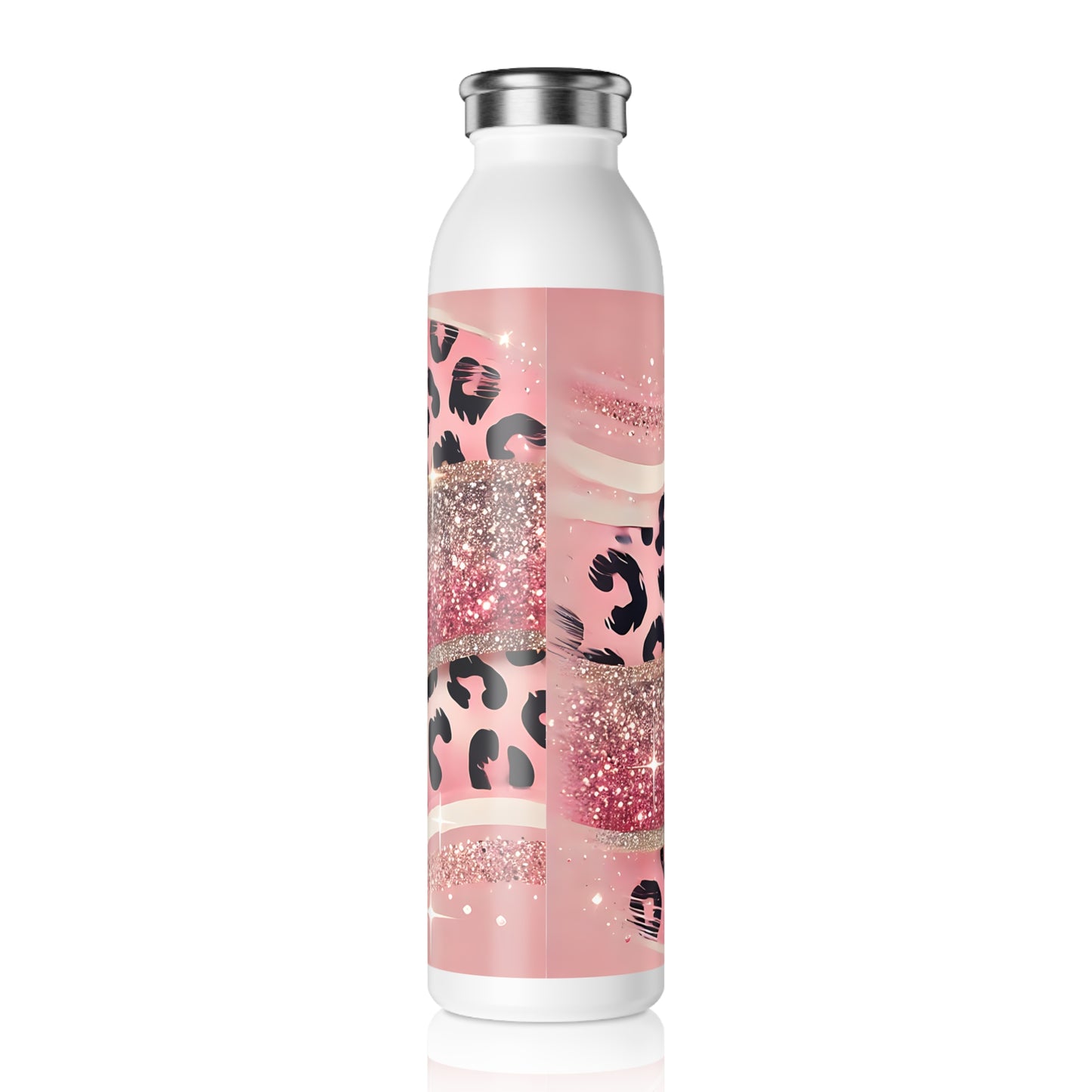 Pink Glitter Leopard Slim Water Bottle, Trendy Stainless Steel, Reusable Drink Container, Great for Gym, School, Office