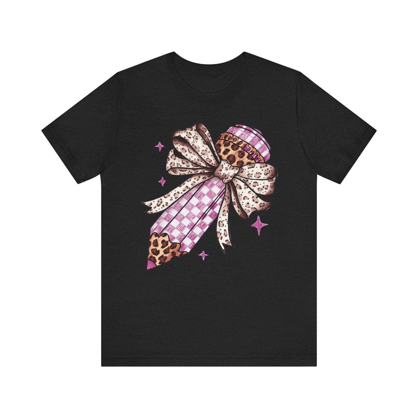 Leopard and pink checkered Bow Pencil Tee - Cute Teacher Gift, Back to School Outfit, Art Lover Shirt, Classroom Apparel, Fun Educational Shirt