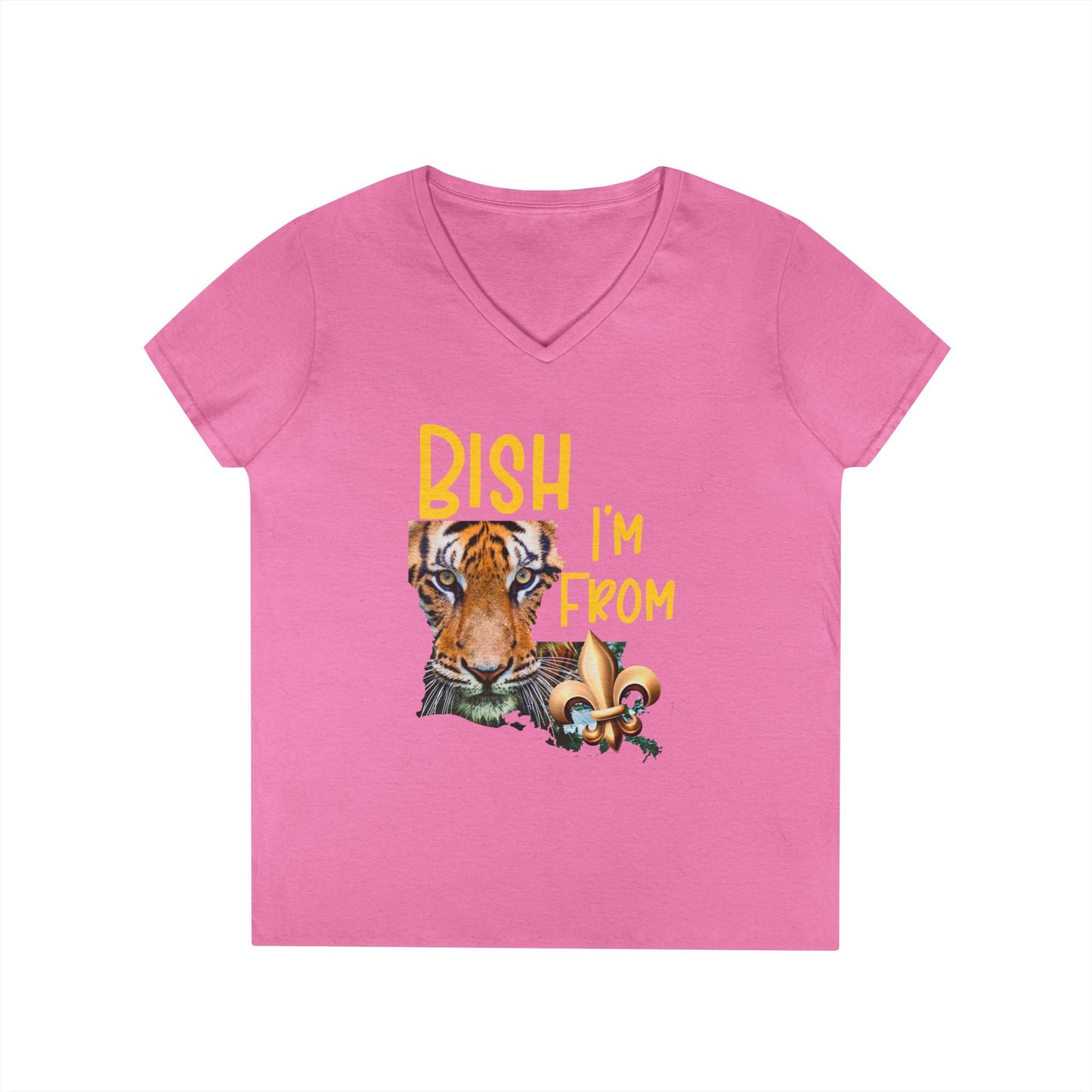 Vibrant Graphic Tee, Ladies' V-Neck T-Shirt, Fun Casual Wear, Perfect for Gifts, Everyday Style, BISH I'M FROM Louisiana