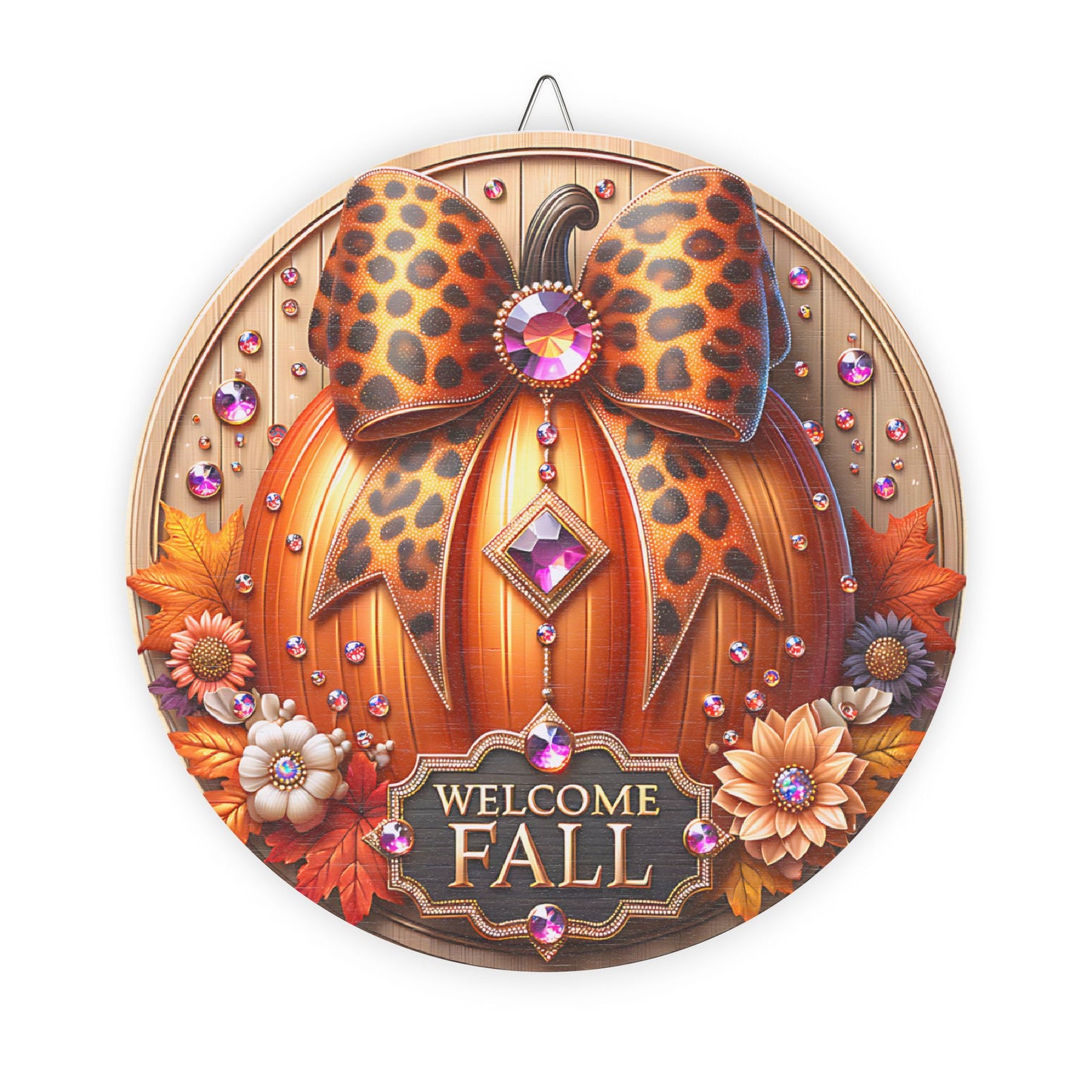 Fall, Welcome Wooden door sign, home decor, entry way, mantle decor, Pumpkin, Crystals, Leopard Coquette Bow, Fall Flowers, 3d looking