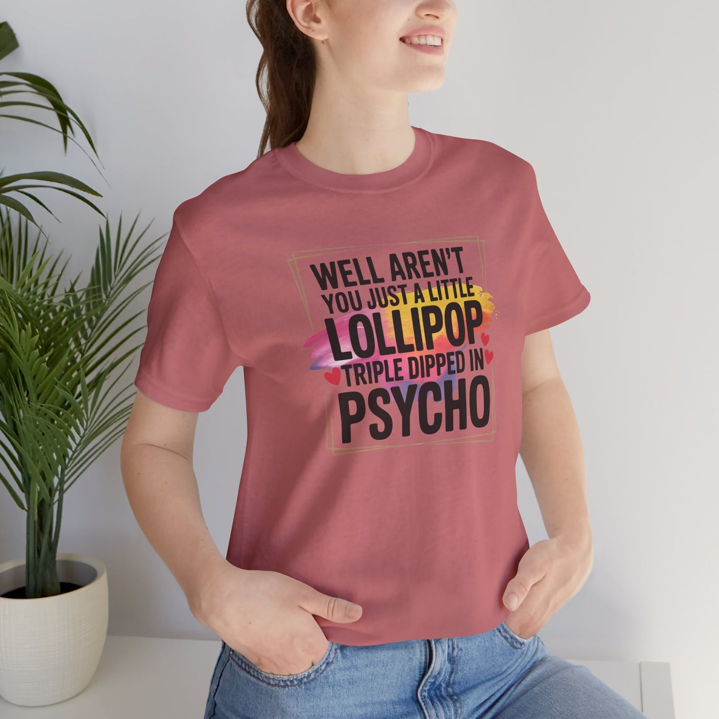 Psycho Lollipop Tee, Fun Graphic T-Shirt, Unisex Short Sleeve, Casual Wear, Gift for Friends, Quirky Humor Apparel