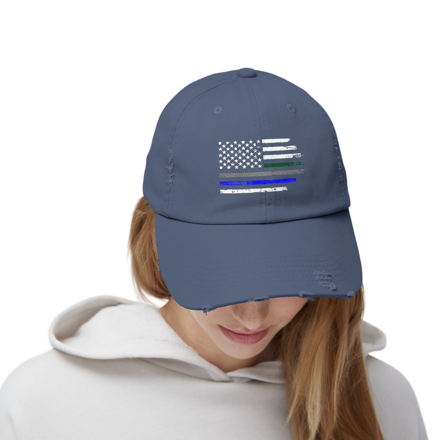 Thin Blue and Thin green Flag, Unisex Distressed Cap, Law Enforcement, Military, hat
