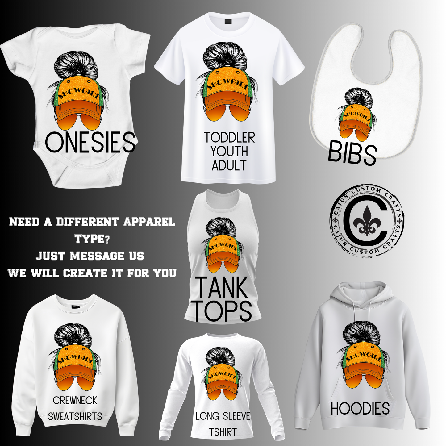 Messy Mom Bun, Showgirl, Orange Glitter, Green