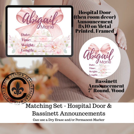 Baby Girl, Pink Floral, Birth Announcement, door hanger, table frame, bassinet display