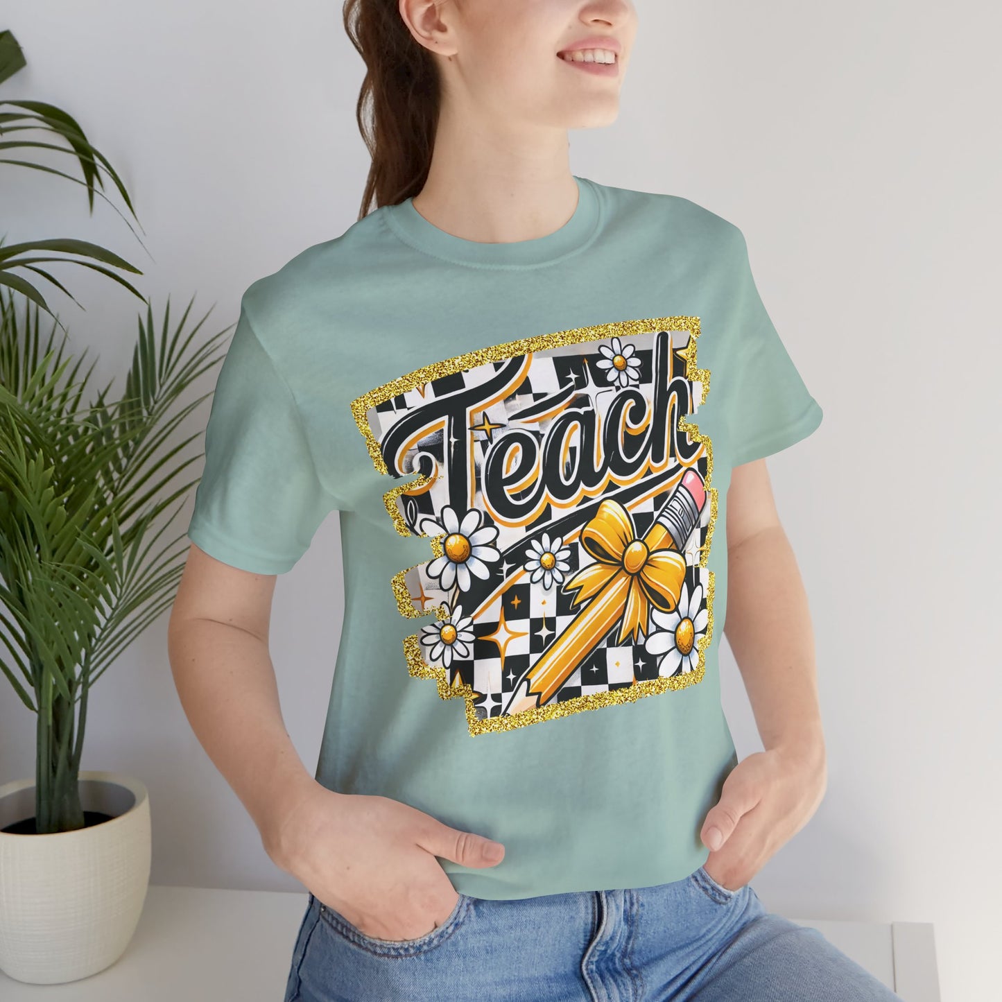 Funky Teacher Tshirt, Unisex, Bella Canvas, Back to school, apple, Black and White Checkboard