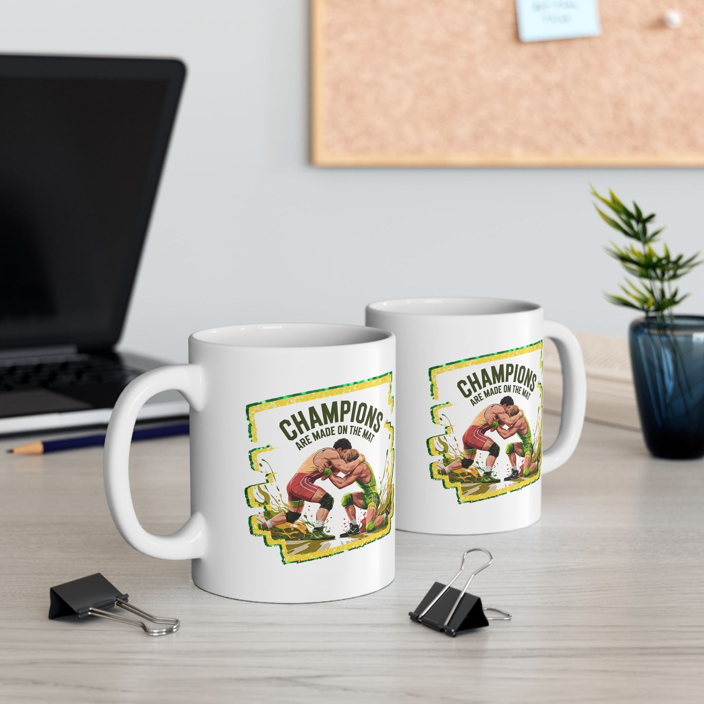 Green and Gold, Wrestling Design on a Ceramic Mug with Fun Design