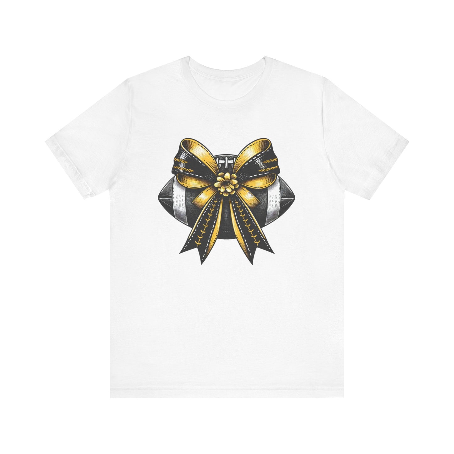 Football Bow Unisex Tee | Sporty Style Tee, Game Day T-Shirt, Casual Wear, Athletic Gift, Fan Apparel, Black and Gold, Saints