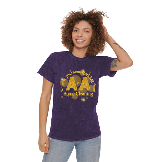 A&A Yellow Logo on a distressed mineral purple crew neck, colortone