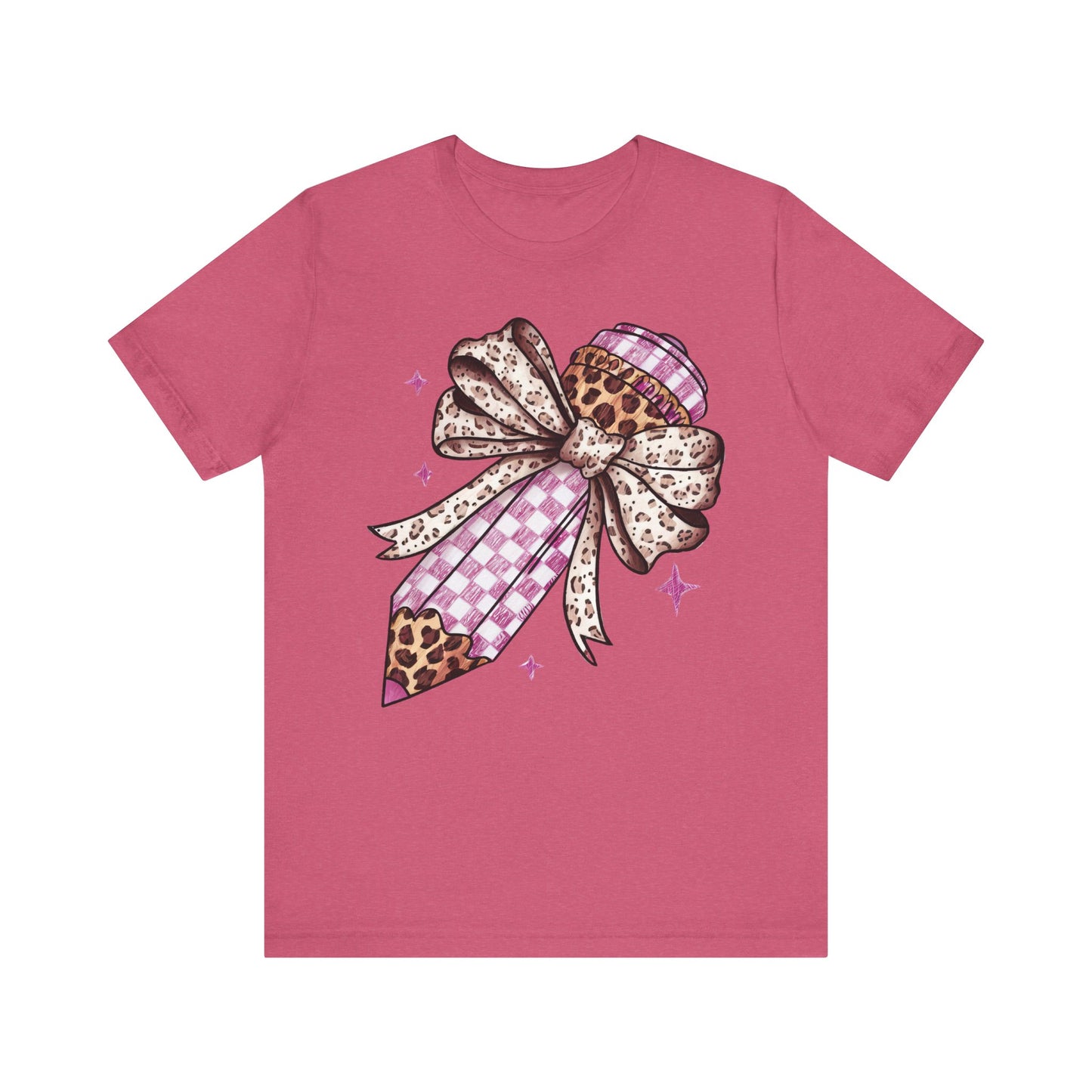 Leopard and pink checkered Bow Pencil Tee - Cute Teacher Gift, Back to School Outfit, Art Lover Shirt, Classroom Apparel, Fun Educational Shirt