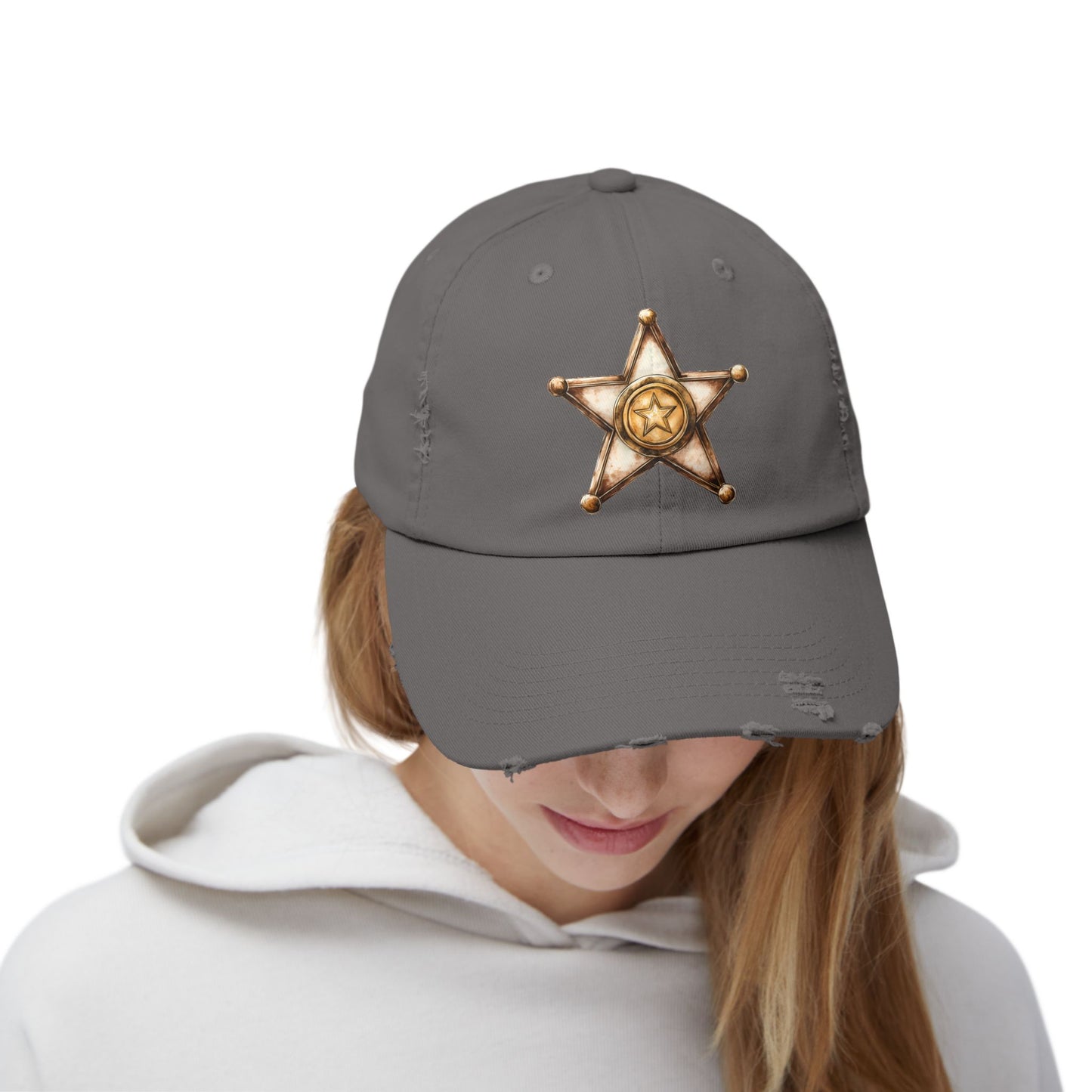 Unisex Distressed Sheriff Cap, Adjustable Hat, Casual Headwear for Outdoor Adventures, Gifts for Police Fans, Unique Fashion Accessory