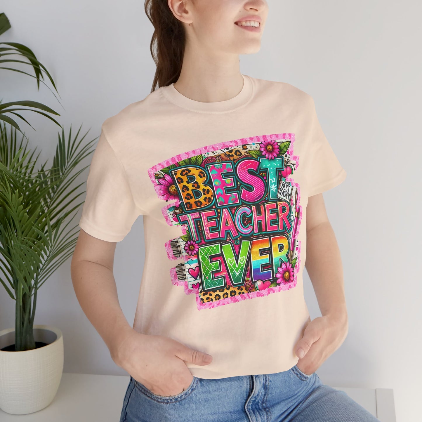 Funky Best Teacher Ever Tshirt, Unisex, Bella Canvas, Back to school, apple, animal print, neons