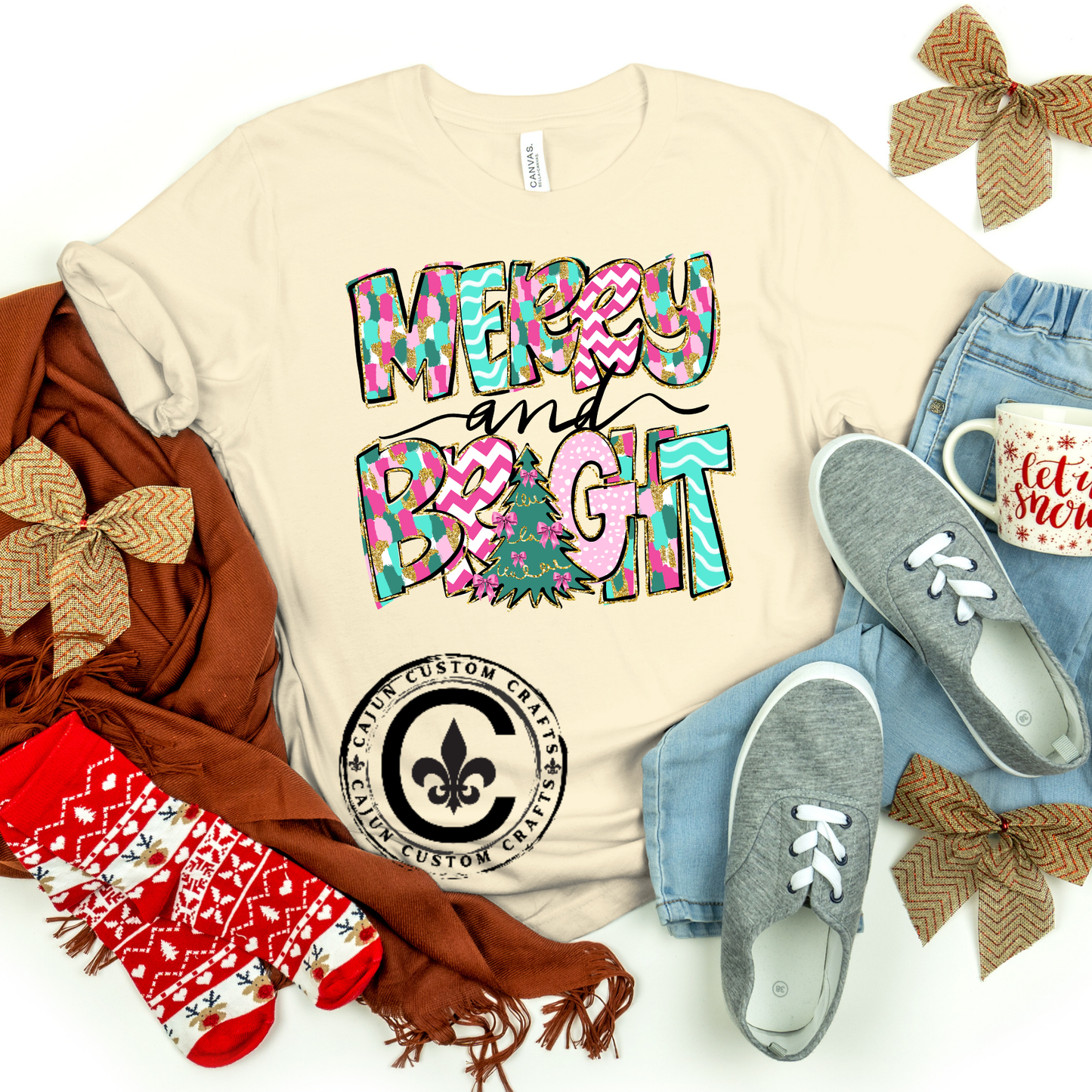 Merry and Bright, Fun and funky letters, Christmas design on a bella canvas tshirt