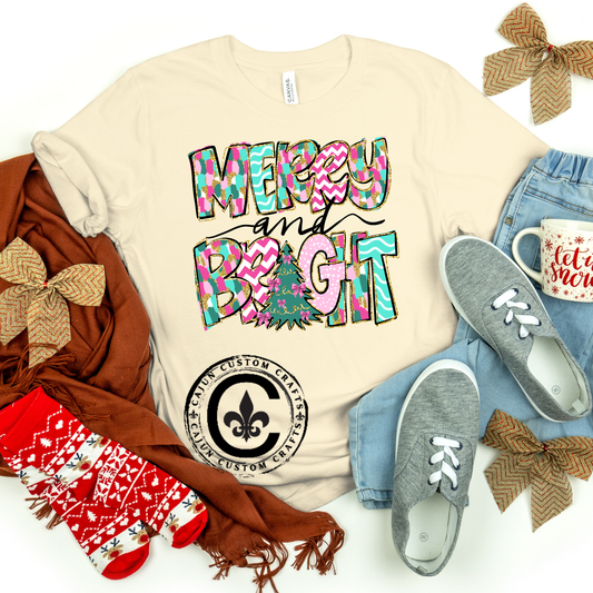 Merry and Bright, Fun and funky letters, Christmas design on a bella canvas tshirt