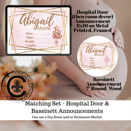 Baby Girl, Pink and Gold Shimmer, Birth Announcement, door hanger, table frame, bassinet display