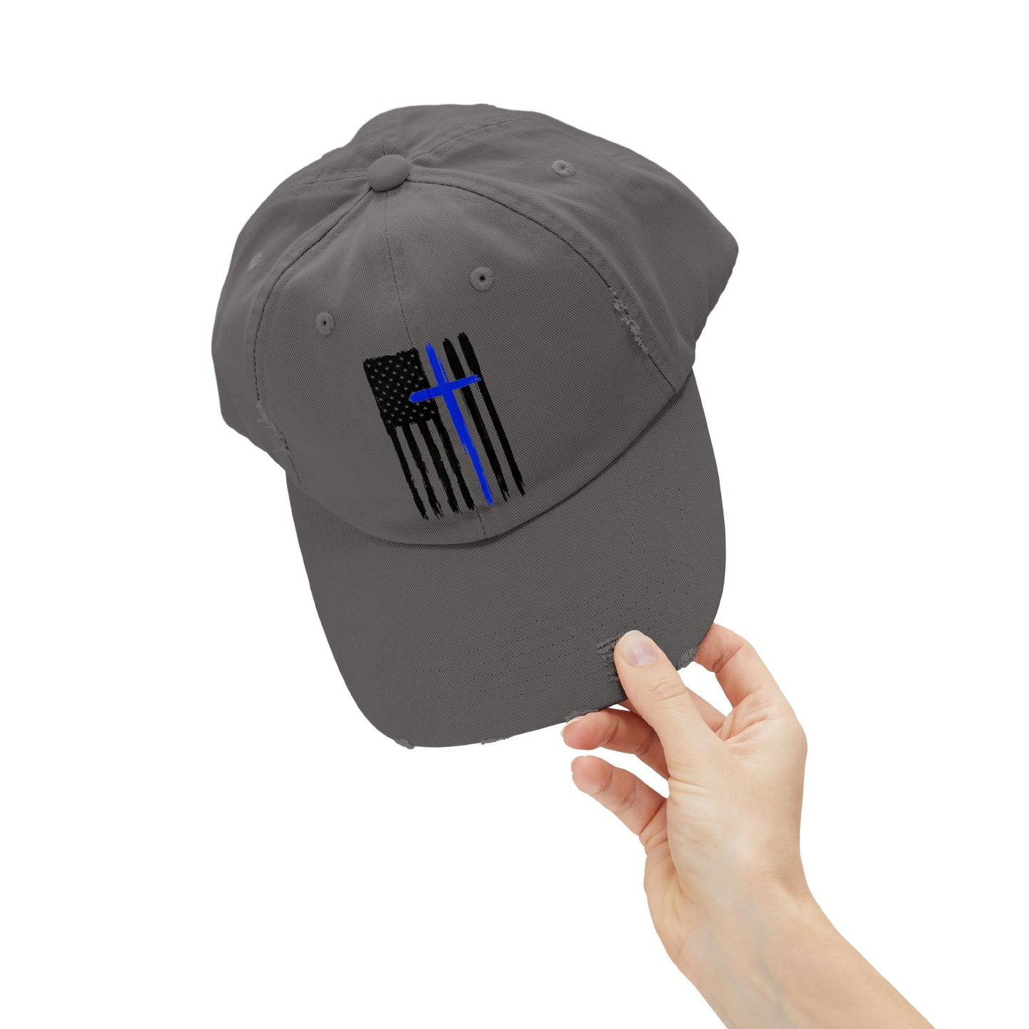 Thin Blue Line, Cross, Flag, Unisex Distressed Cap, Funny Hat, Casual Gift, Everyday Wear, Cool Accessory, Adjustable Cap