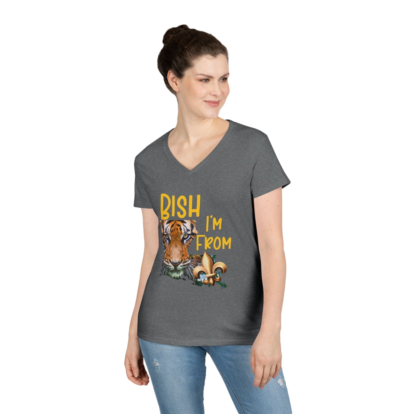Vibrant Graphic Tee, Ladies' V-Neck T-Shirt, Fun Casual Wear, Perfect for Gifts, Everyday Style, BISH I'M FROM Louisiana