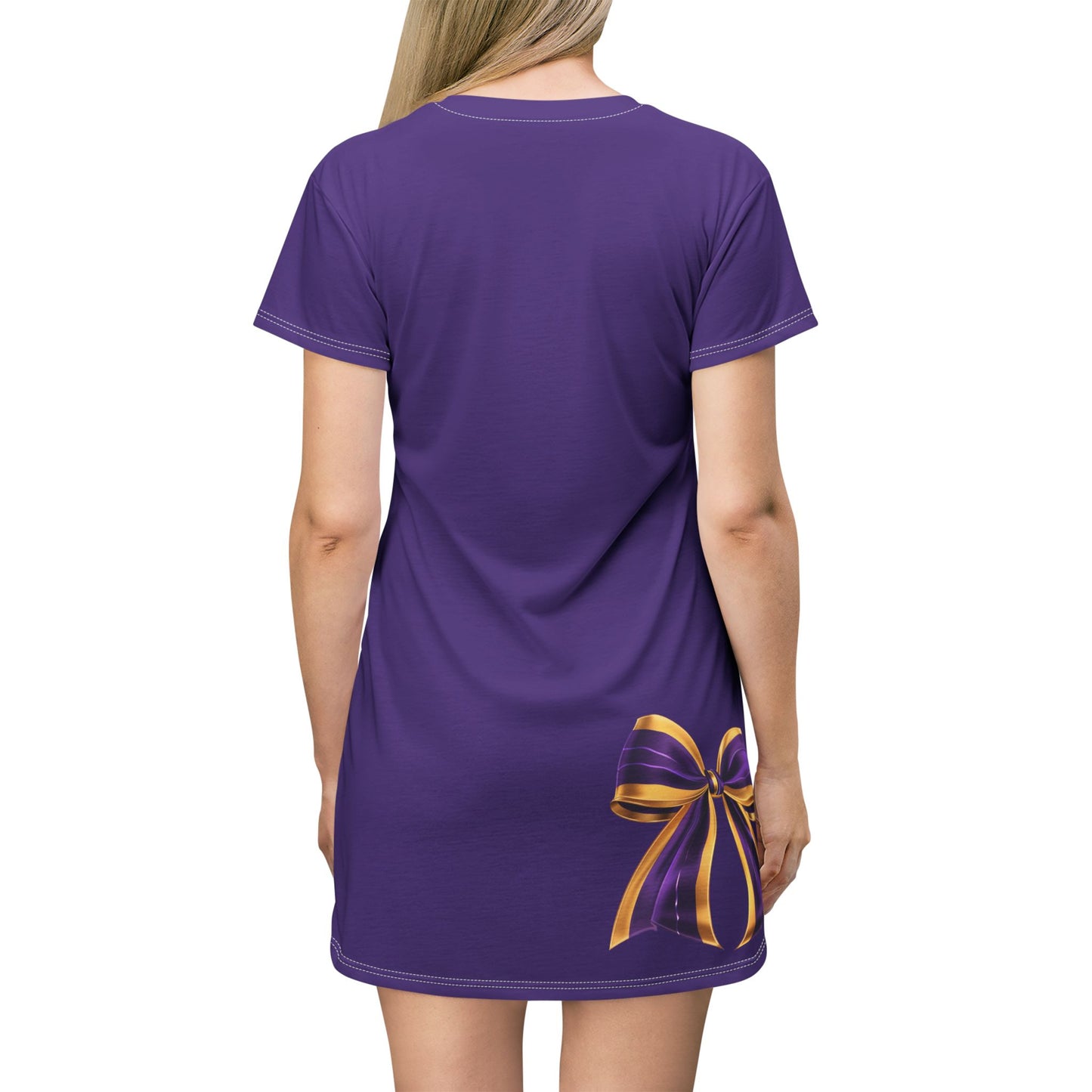 Purple dress, Purple and Gold Elegant Bow T-Shirt Dress - Stylish Casual Wear for Parties, Birthdays, or Everyday Outfits, Comfortable and Fashionable