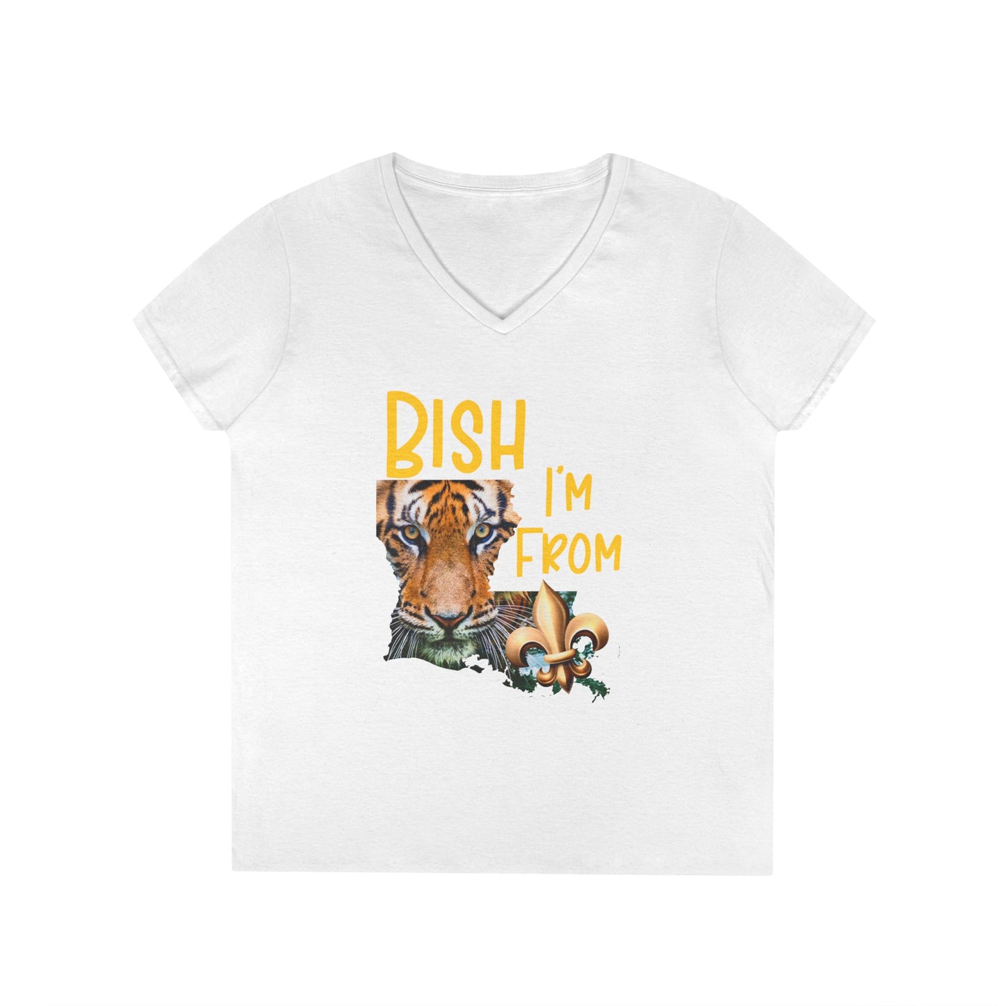 Vibrant Graphic Tee, Ladies' V-Neck T-Shirt, Fun Casual Wear, Perfect for Gifts, Everyday Style, BISH I'M FROM Louisiana