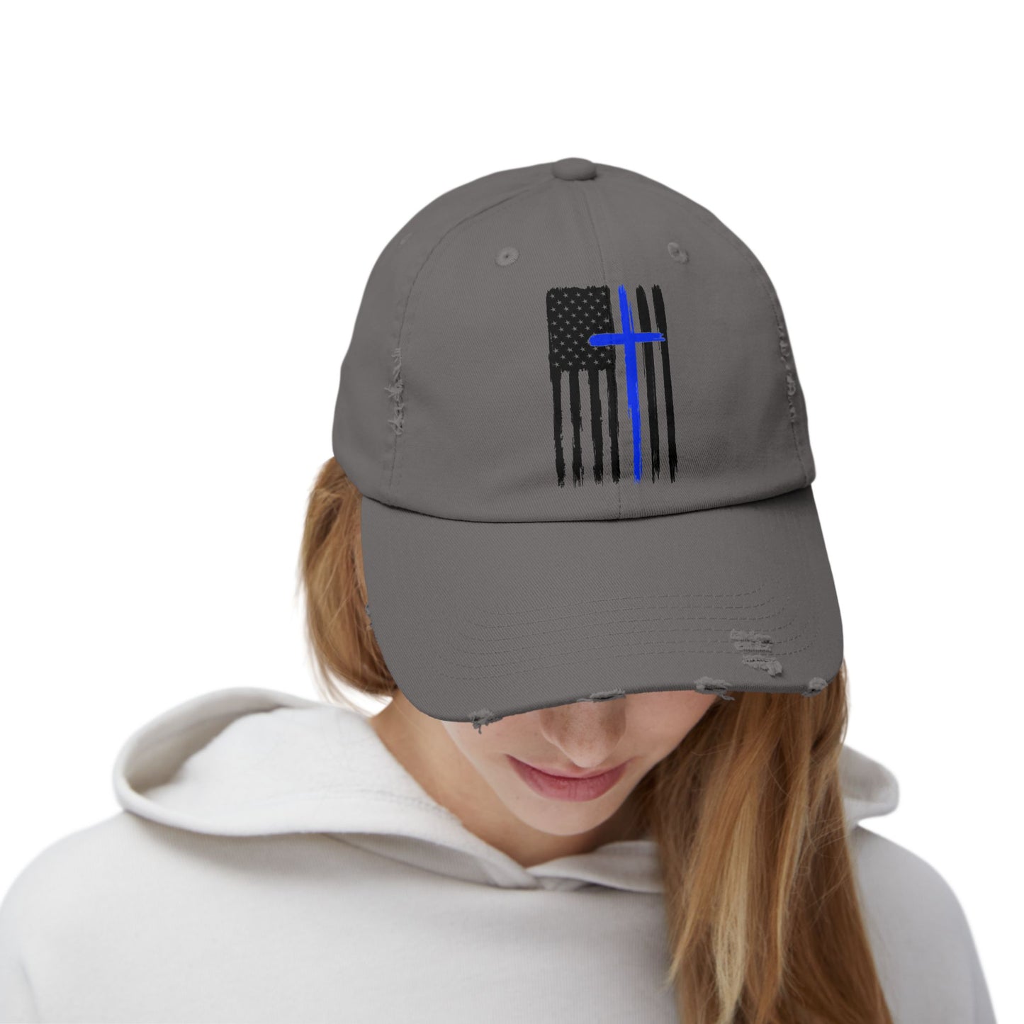 Thin Blue Line, Cross, Flag, Unisex Distressed Cap, Funny Hat, Casual Gift, Everyday Wear, Cool Accessory, Adjustable Cap