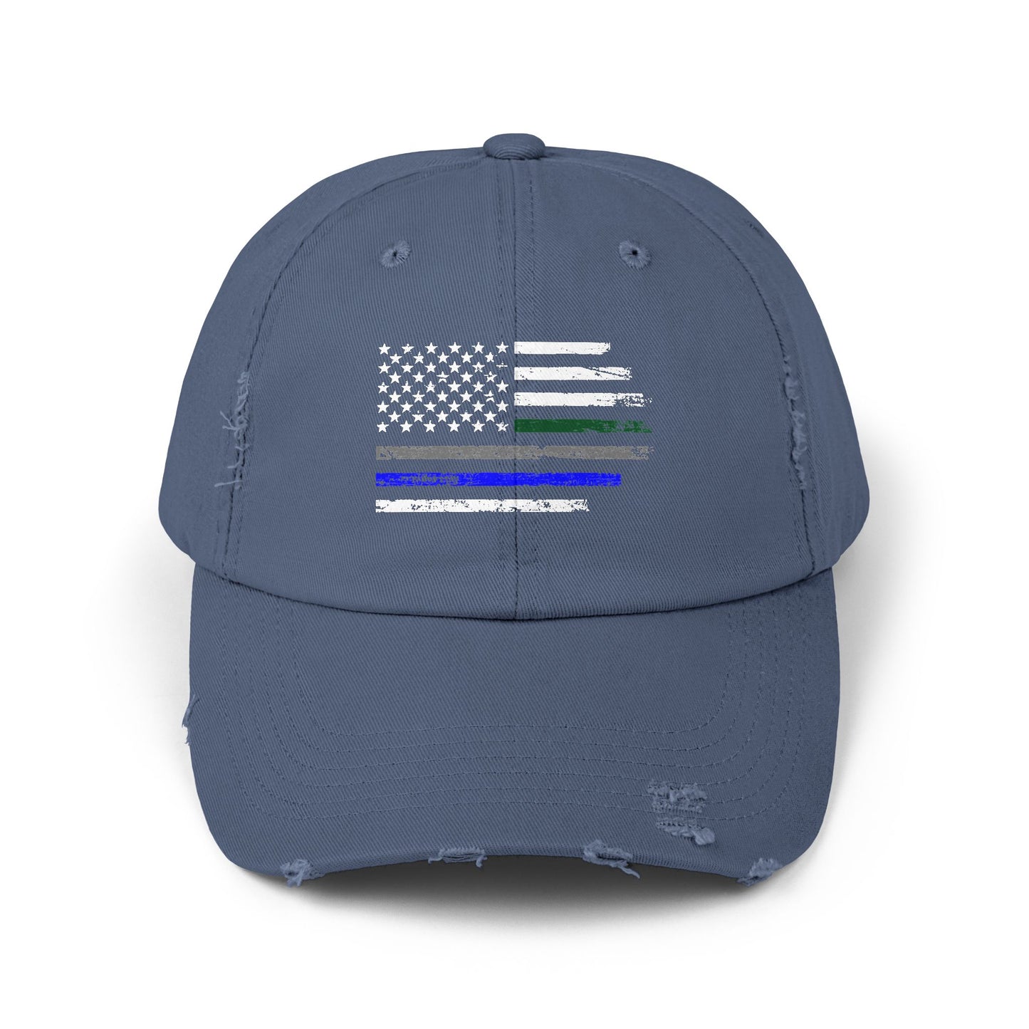 Thin Blue and Thin green Flag, Unisex Distressed Cap, Law Enforcement, Military, hat