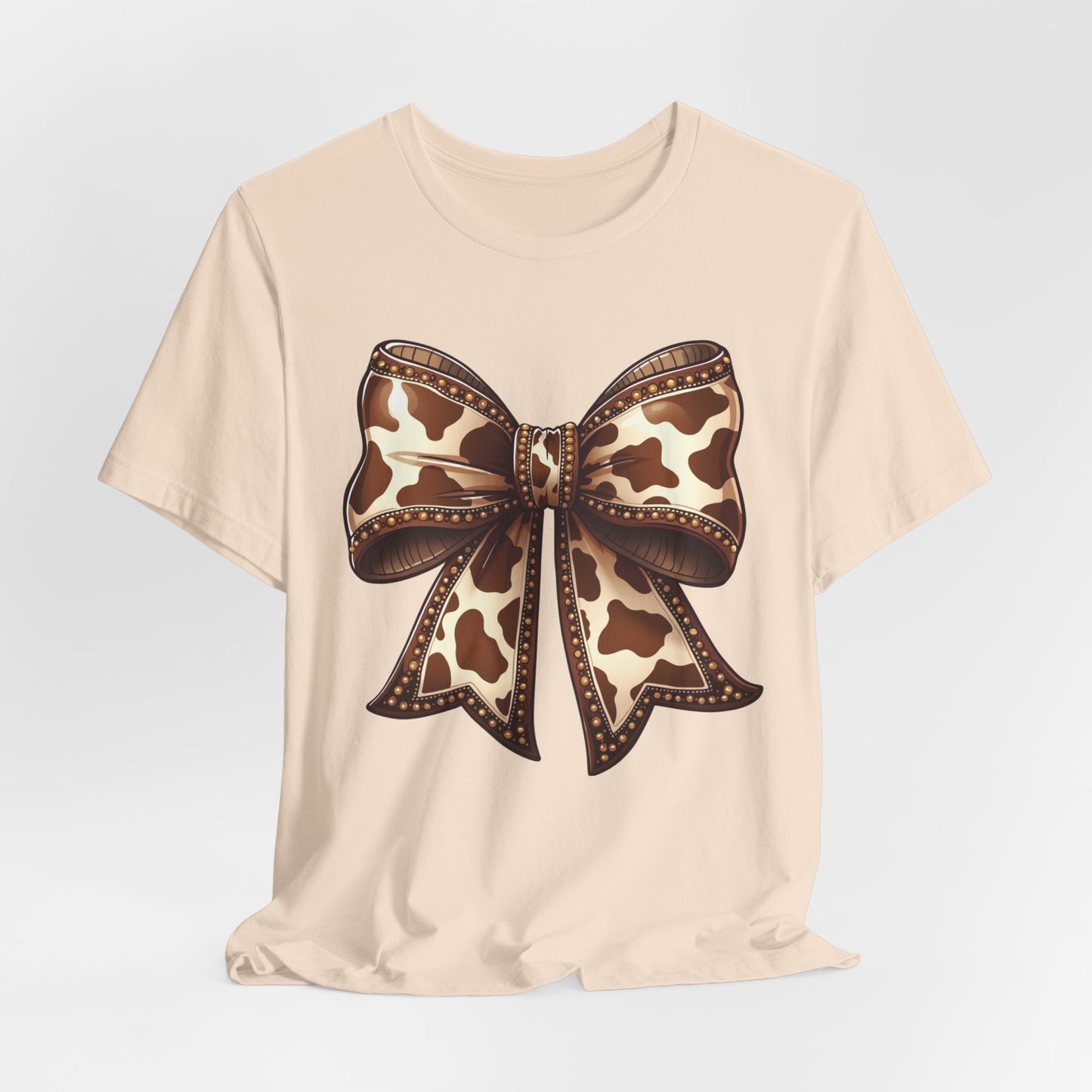 Cow Print Bow Short Sleeve Tee, Casual Top, Western Style Shirt, Country Chic T-Shirt, Birthday Gift, Everyday Wear