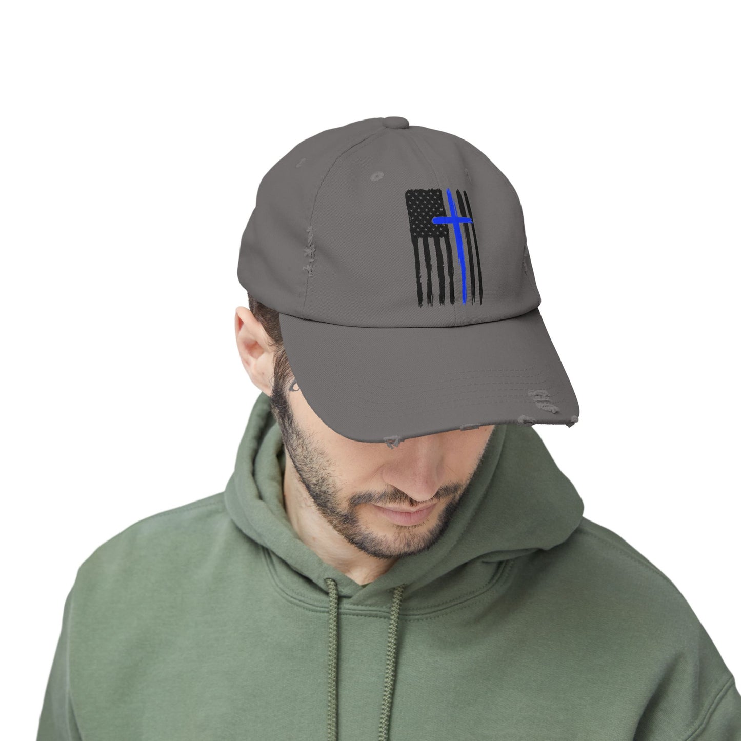 Thin Blue Line, Cross, Flag, Unisex Distressed Cap, Funny Hat, Casual Gift, Everyday Wear, Cool Accessory, Adjustable Cap
