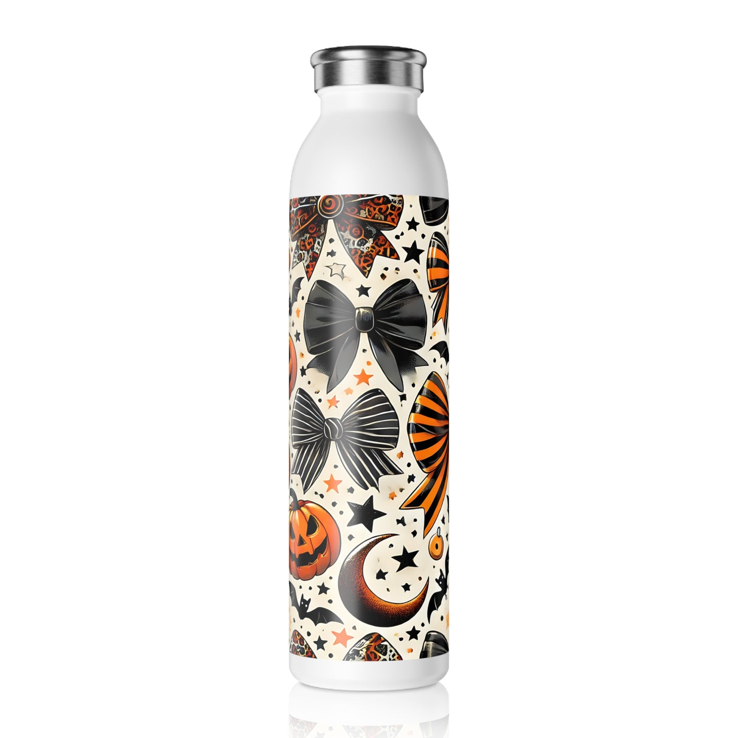Halloween Slim Water Bottle, Trick or Treat, Fitness Hydration, Eco-Friendly Gift, Party Favor, Cute Pumpkin and Bow Design