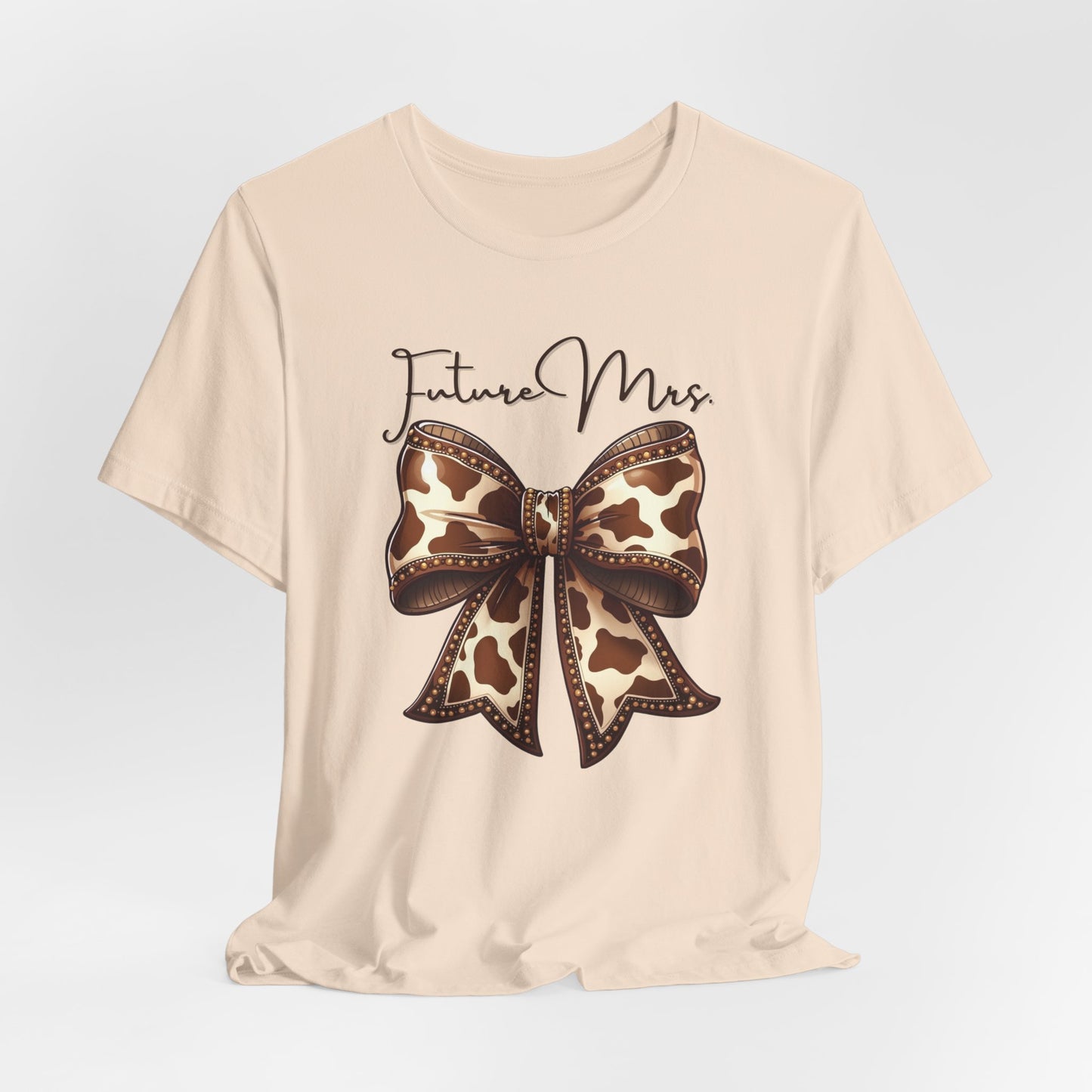 Personalized Future Mrs. Bride Cow Print Bow Short Sleeve Tee, Casual Top, Western Style Shirt, Country Chic T-Shirt, Birthday Gift, Everyday Wear