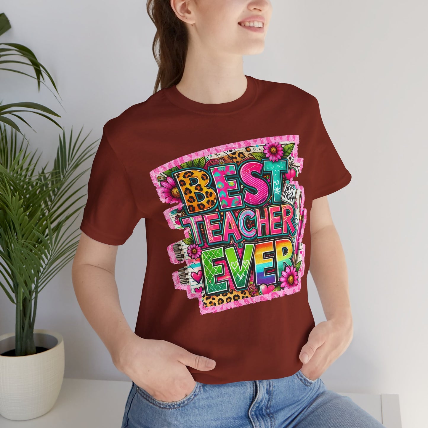 Funky  Best Teacher Ever Tshirt, Unisex, Bella Canvas, Back to school, apple, animal print, neons