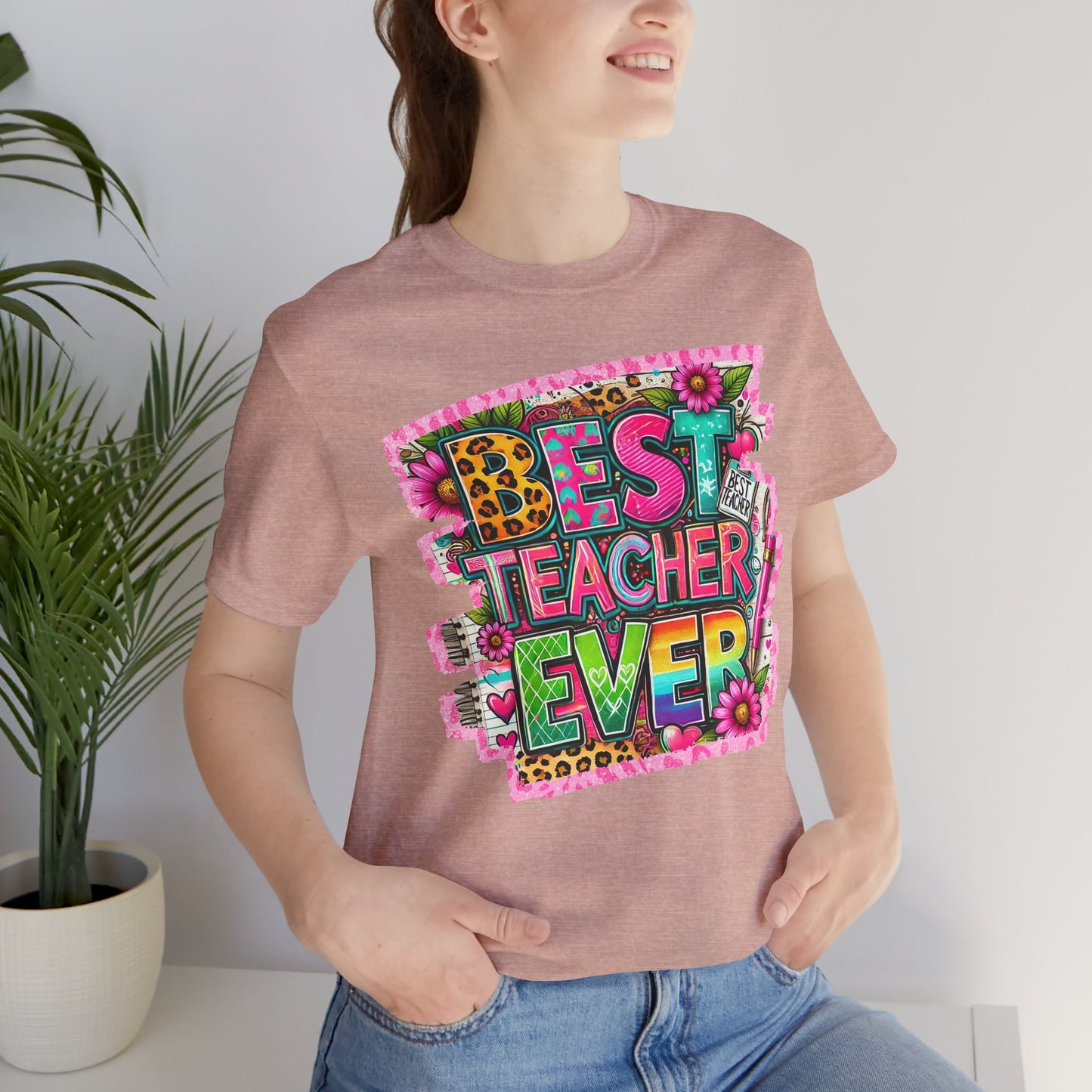 Funky Best Teacher Ever Tshirt, Unisex, Bella Canvas, Back to school, apple, animal print, neons