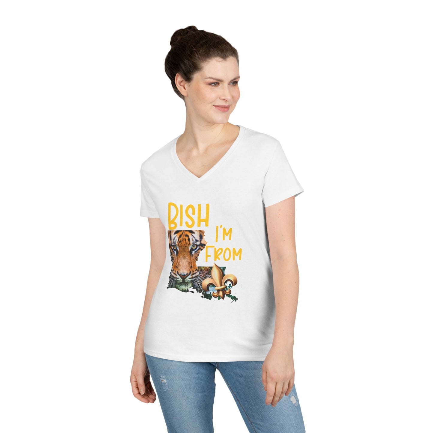 Vibrant Graphic Tee, Ladies' V-Neck T-Shirt, Fun Casual Wear, Perfect for Gifts, Everyday Style, BISH I'M FROM Louisiana