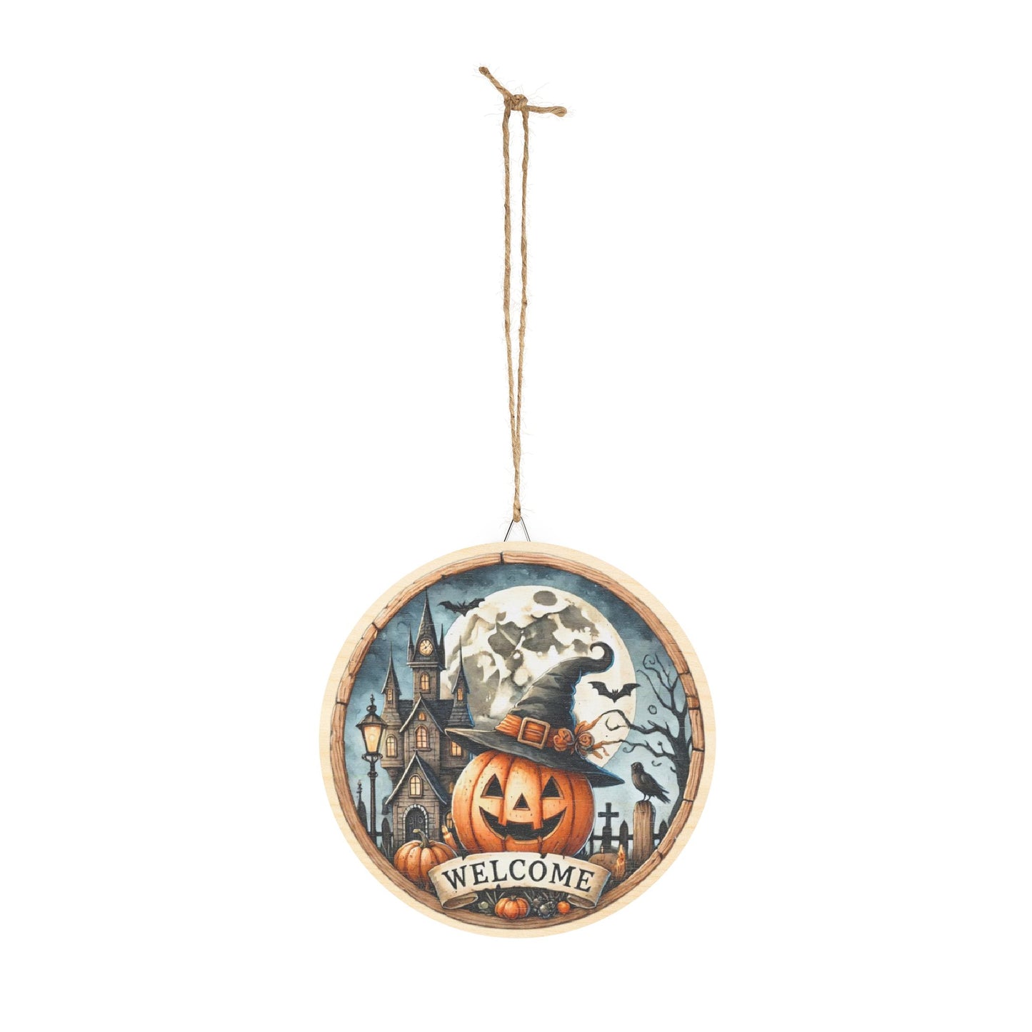 Halloween Welcome wooden door sign, mantle, entry table, decor, Pumpkin and haunted house