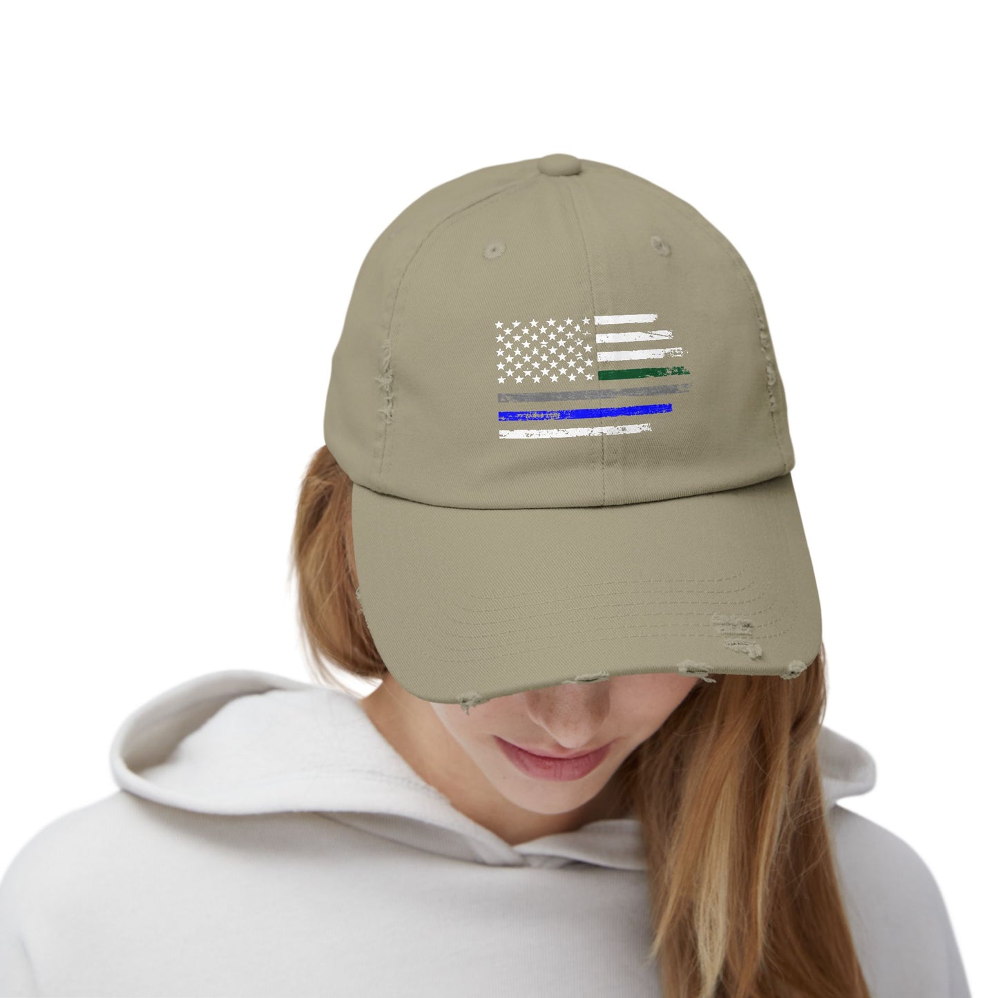 Thin Blue and Thin green Flag, Unisex Distressed Cap, Law Enforcement, Military, hat