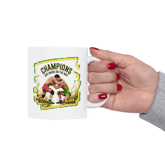 Green and Gold, Wrestling Design on a Ceramic Mug with Fun Design
