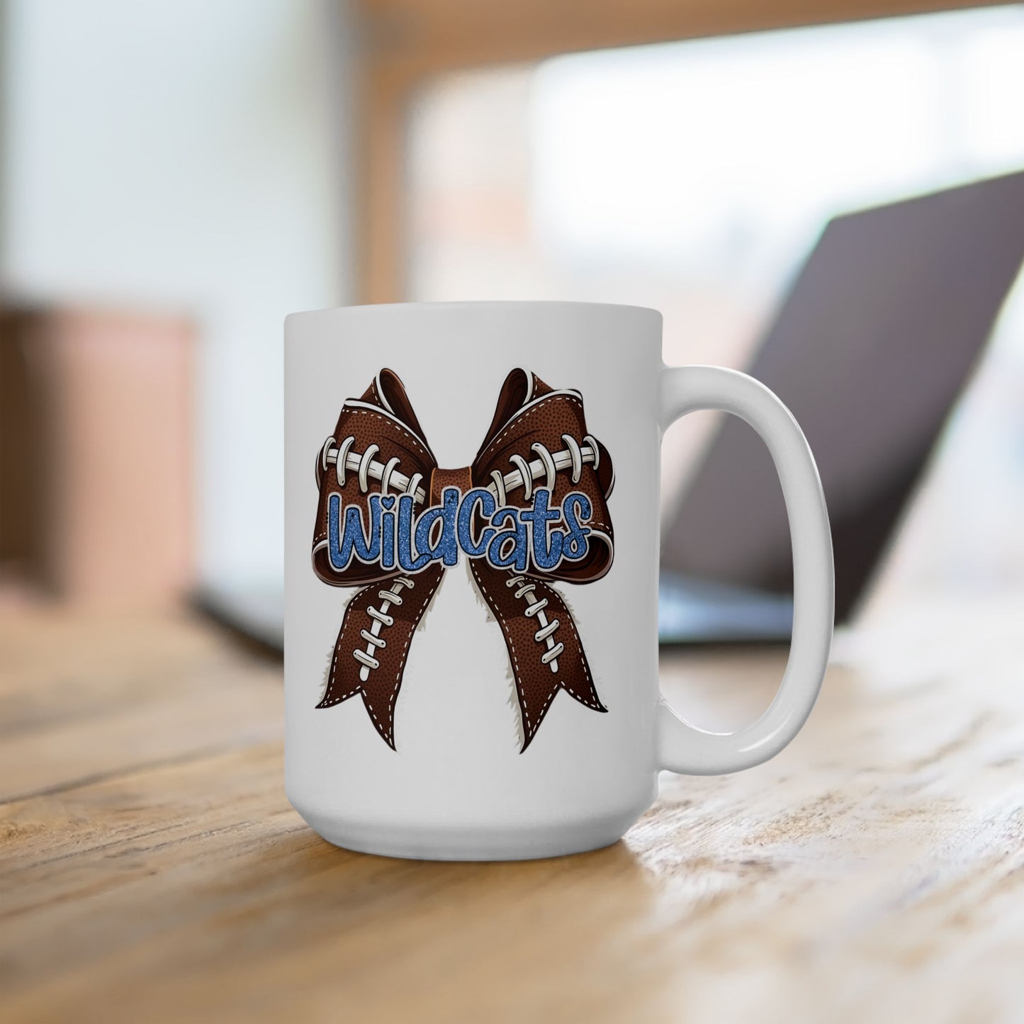Blue, Glitter, Football, Bow, Wildcats Ceramic Mug - Cute Coffee Cup