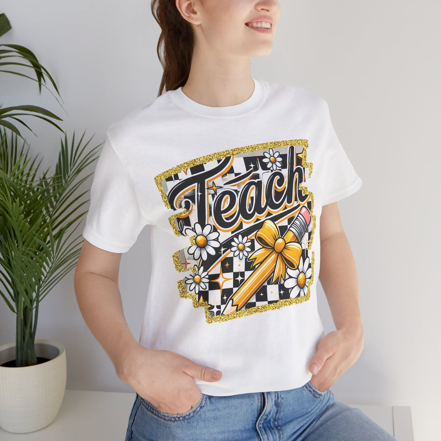 Funky Teacher Tshirt, Unisex, Bella Canvas, Back to school, apple, Black and White Checkboard