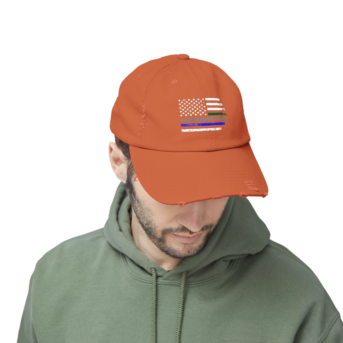 Thin Blue and Thin green Flag, Unisex Distressed Cap, Law Enforcement, Military, hat