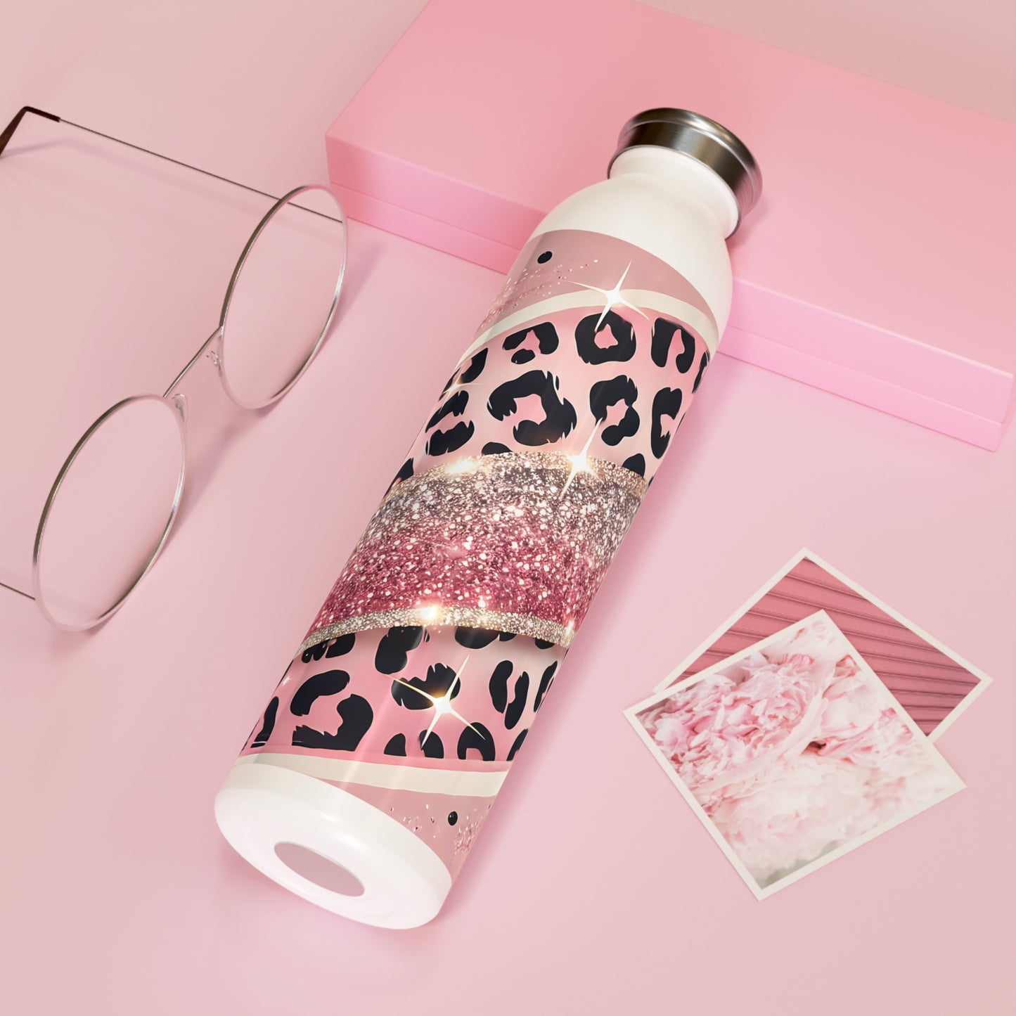 Pink Glitter Leopard Slim Water Bottle, Trendy Stainless Steel, Reusable Drink Container, Great for Gym, School, Office