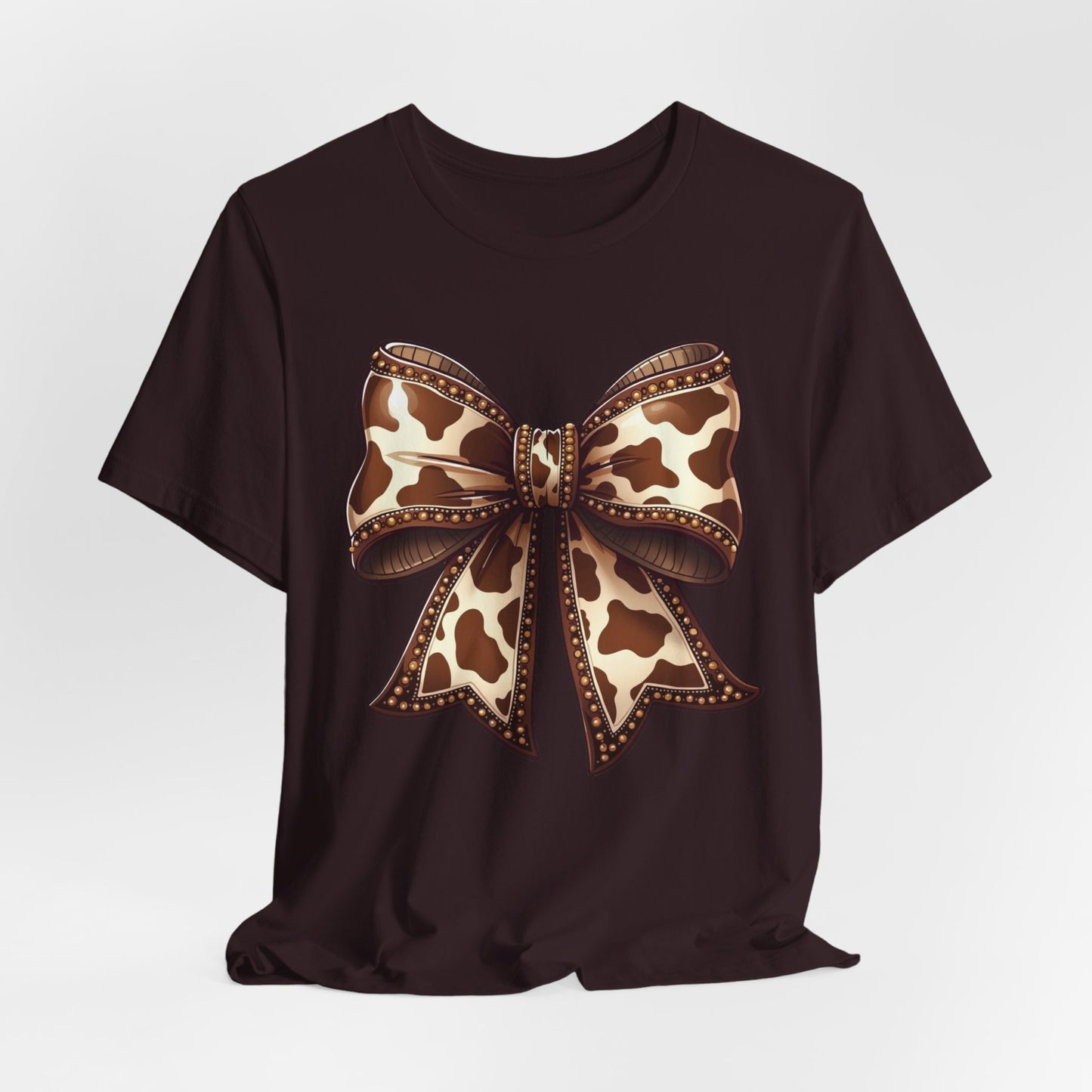 Cow Print Bow Short Sleeve Tee, Casual Top, Western Style Shirt, Country Chic T-Shirt, Birthday Gift, Everyday Wear