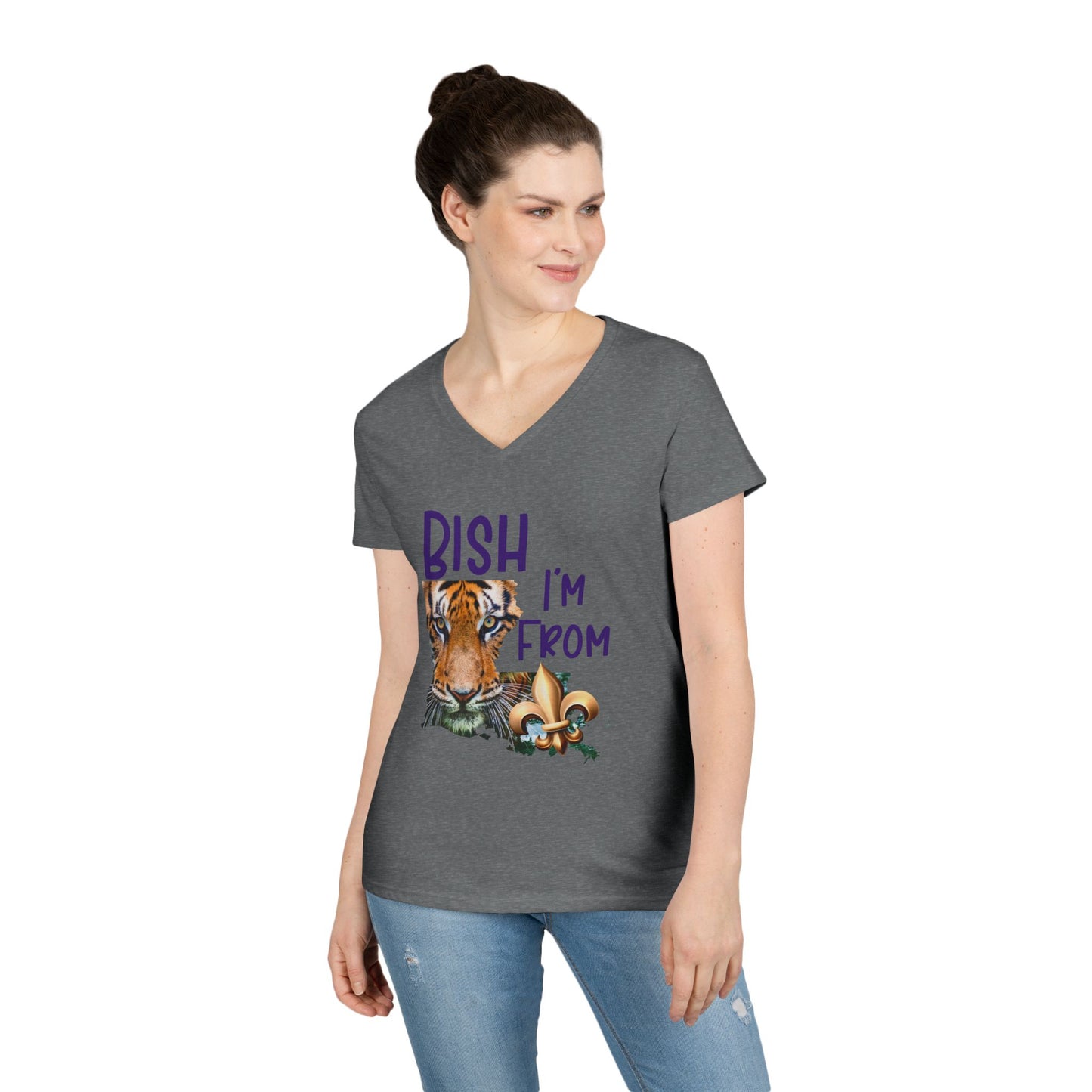 Vibrant Graphic Tee, Ladies' V-Neck T-Shirt, Fun Casual Wear, Perfect for Gifts, Everyday Style, BISH I'M FROM Louisiana