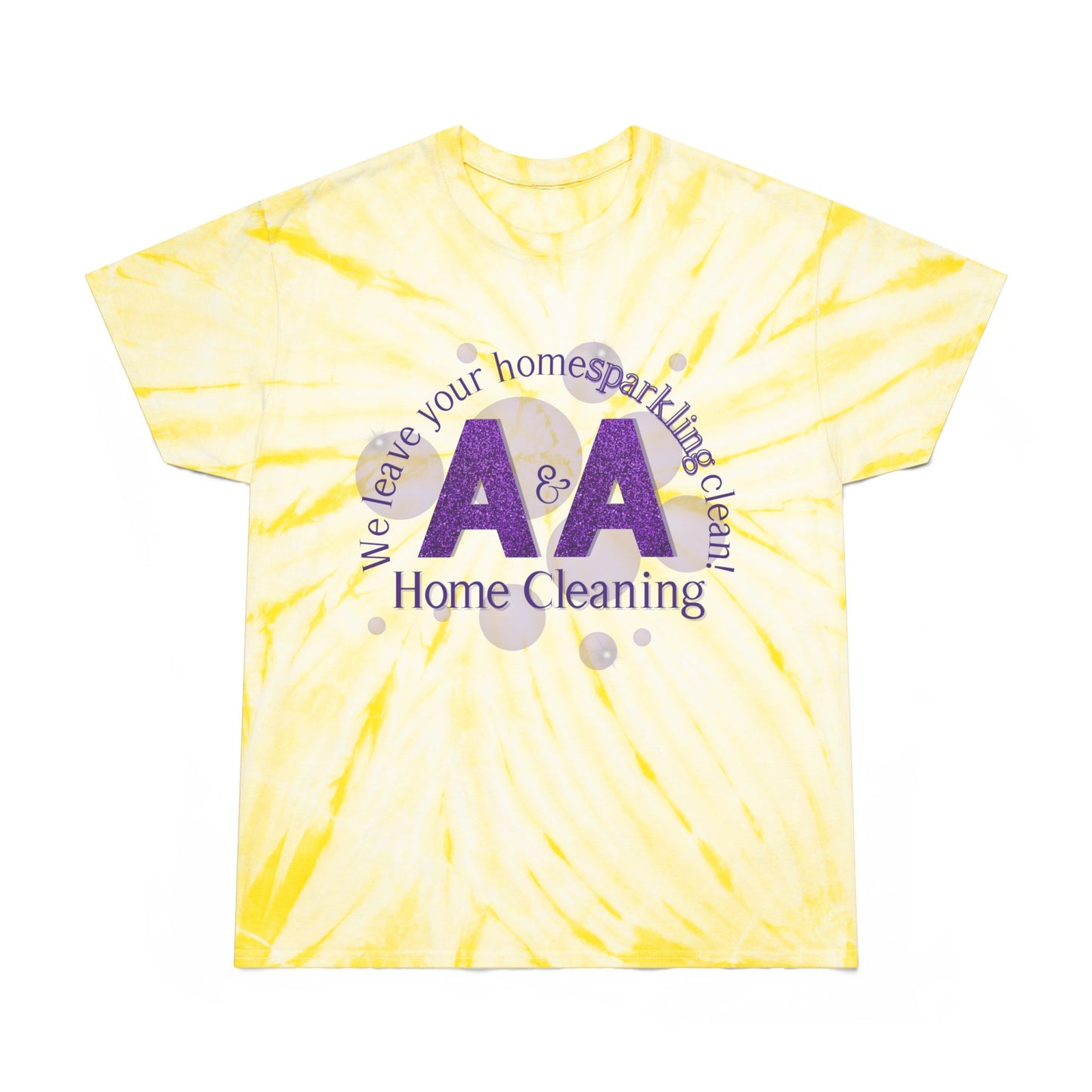 A&A, Purple logo on a yellow tie dye crew neck, gildan