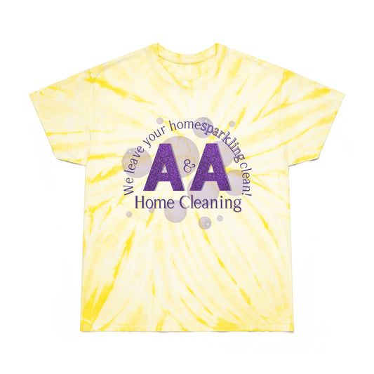 A&A, Purple logo on a yellow tie dye crew neck, gildan