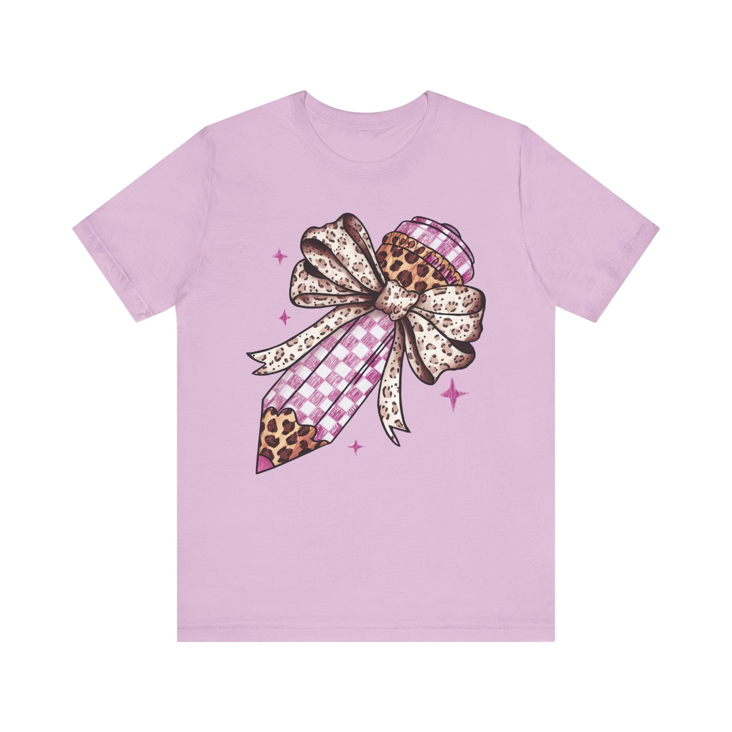 Leopard and pink checkered Bow Pencil Tee - Cute Teacher Gift, Back to School Outfit, Art Lover Shirt, Classroom Apparel, Fun Educational Shirt